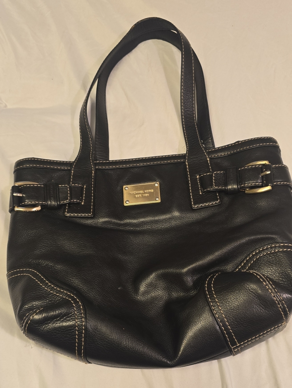 Michael Kors Black Leather Shoulder Bag Tote Gold Logo Plaque Buckles